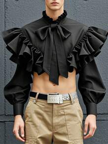 INCERUN Fashion Mens Tie Front Buttons Long Sleeve Ruffle Blouse Holiday Party Casual Shirt Tops - màu đen - Xem 2