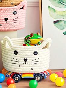 储物篮，编织绳篮，化妆品储物篮，装饰盒，小玩具篮，浅篮，壁橱整理箱，（8.27 英寸 * 4.72 英寸，白色/卡其色）