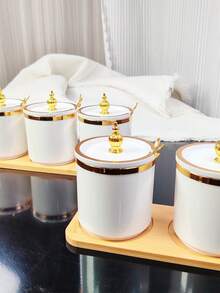 1 Set de Tarros de Especias con Base de Madera y Borde Dorado Vintage para Uso en la Cocina