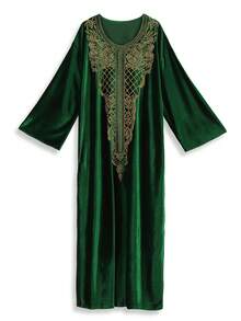 Green Flocking Embroidery Fashion Elegant Dress Loose Casual Moroccan Kaftan Dresses, Modest - Green - View 3