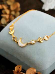 1pc S925 Sterling Silver Elegant Artificial Australia Opal Moon Charm Bracelet, Vintage Style Versatile Jewelry Gift For Women, Suitable For Daily Wear And Parties - Manufactured Opal Crescent Bracelet - View 1