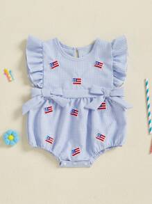 Baby Girl 4th Of July Outfit Embroidered American Flag Bubble Romper Smocked Bodysuit Cute Summer Clothes - Blue - View 3