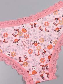Morvia 10 stuks Sexy Roze Contrasterende Kanten Versieringen Gothic Chic Low-Rise Bikini's, Allover Bugs & Spiders & Skull & Bats & Pumpkins Print, Comfortabele Hipster Slipjes Voor Vrouwen - Halloween Lingerie & Ondergoed