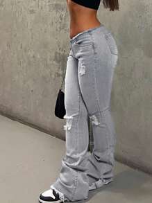 NVFelix 女士低腰修身喇叭裤，弹力面料，做旧破洞细节，复古休闲风格，完美适合冬季感恩节和新年穿着，灰色。