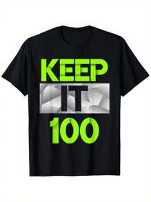 Keep It 100 Men Black T-Shirt With Neon Green Graphic Casual Cotton Short Sleeve Round Neck Machine Washable All-Season Wear - Black - View 1