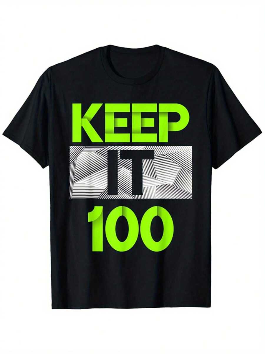 Keep It 100 Men Black T-Shirt With Neon Green Graphic Casual Cotton Short Sleeve Round Neck Machine Washable All-Season Wear - Black - View 1
