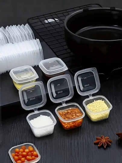 25ml/50ml/75ml/100ml方形储物杯，带盖透明酱汁杯，迷你食品容器，用于盛放酱汁、果酱和香料，适用于露营、办公室、野餐、学校、厨房储物及配件