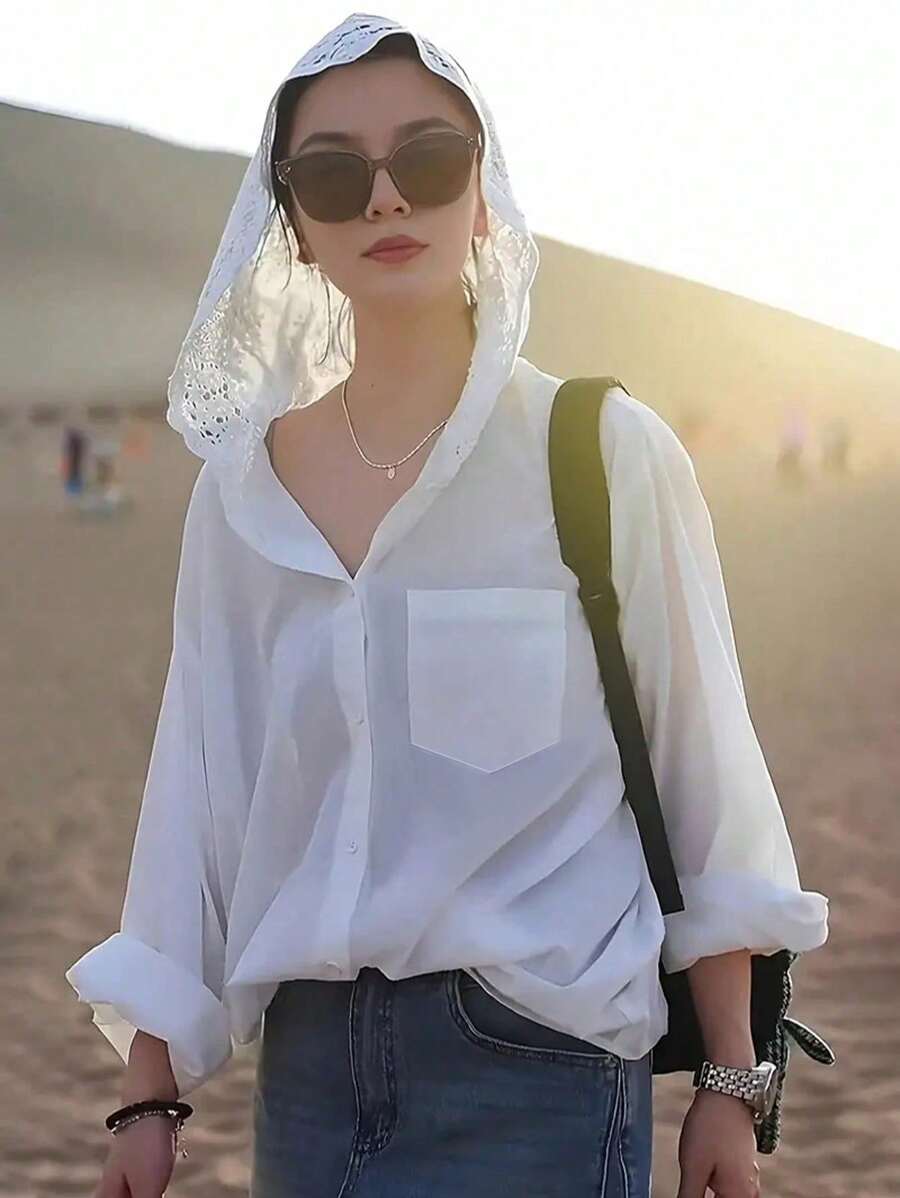 女士纯色编织面料蕾丝拼接透明连帽衬衫，带口袋