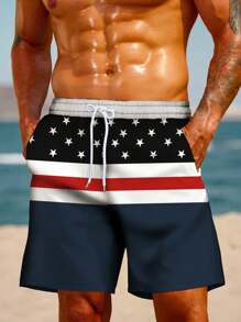 Men's Hawaii Holiday Casual Outdoor Sports National Flag Artistic 3D Digital Printing Loose Drawstring Beach Shorts, Suitable For Leisure & Daily Vacation