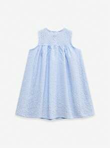 Vestido Xadrez Azul Claro Sem Mangas com Bordado Fofo de Pato para Meninas, Essencial de Verão