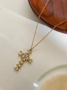 Monlansher Nuova collana con ciondolo a croce in acciaio inossidabile per donna, realizzata a mano con zirconia cubica, design alla moda e versatile per uso quotidiano