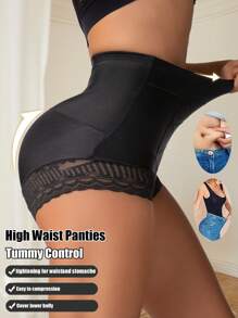 1pc Seamless High Waist Shaping Panties For Women, Lace Tummy Control Butt Lifting Shapewear - Black - View 5