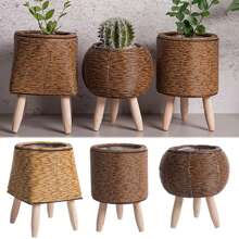 1PC Vintage Imitation Rattan Woven Flower Shelf Planters Handmade Storage Basket With Removable Wooden Legs Plant Pot Stand Holder