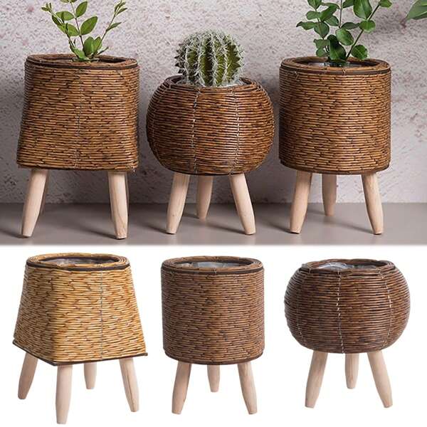 1PC Vintage Imitação Rattan Tecido Prateleira de Flores Plantadores Cesta de Armazenamento Artesanal Com Pernas de Madeira Removíveis Suporte para Vaso de Plantas