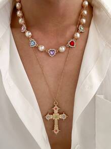 4pcs Classic Luxury Minimalist Multi-Color Crystal & Faux Pearl Necklace, Men's Fashion Personalized Cross Jewelry, Adjustable