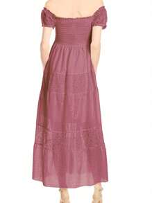 Womens Off Shoulder Boho Lace Semi Sheer Smocked Maxi Long Dress - Pink - View 2