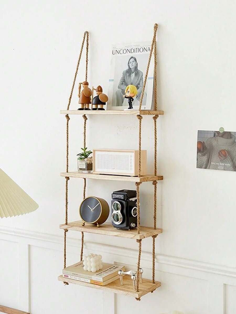 1pc Wall Hanging Decorative Rope Shelf, No Drill Required, Macrame Rope Wooden Bookshelf Wall Decor Rack - Khaki - View 1