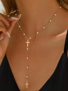 1pc Cross Gold Bead Pearl Necklace For Women,Faux Pearl Chain 14k Gold Plated Stainless Steel Gold Bead Chain Cross Long Collarbone Necklace Faith Necklace Christian Gifts, Friendship Gifts, Mama Gifts, Christmas Gifts, Faith Gifts,Jewelry Gifts