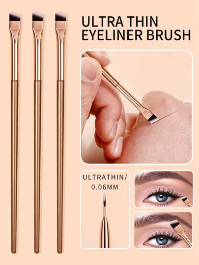 3pcs GOLDEN Sickle Eyeliner Brush Knife Edge Makeup Brush Liquid Eyeliner Brush Ultra Thin Fine Oblique Angle Flat Head Eyebrow Brush,Eyebrow Brush,Eyeshadow Brush,Spoolie,Spoolie Brush