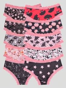 Morvia 10 stuks Sexy Roze Contrasterende Kanten Versieringen Gothic Chic Low-Rise Bikini's, Allover Bugs & Spiders & Skull & Bats & Pumpkins Print, Comfortabele Hipster Slipjes Voor Vrouwen - Halloween Lingerie & Ondergoed