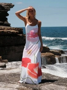Women Backless Floral Maxi Dress For Beach Vacation - White - View 4