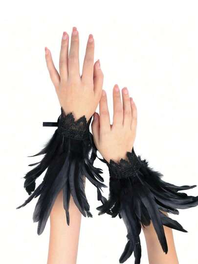 2 Pieces Artificial Feather Wrist Gloves Natural Feather Gothic Wristband Lace Long Gloves Costume Cosplay Bride Jewelry Halloween Girl Gift Valentine's Day Valentines Halloween Accessories