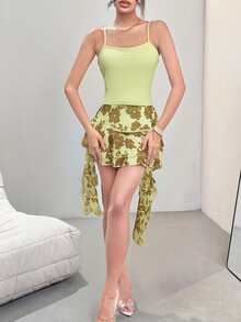 Ladies Knit Camisole Top & Ruffled Mesh Print Mini Skirt Sexy Holiday 2 Pieces Set - Multicolor - View 3