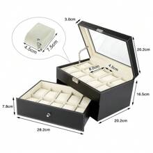 Caja para 20 relojes, estuche para relojes de hombre, almacenamiento de relojes con 2 niveles, caja para relojes de hombre y mujer, bisagra de metal, piel sintética negra, tapa de cristal, soporte grande - Negro - Ver 8