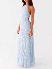 Women's Ruched Bodycon Long Dress Sleeveless Backless Solid Color Dress Cocktail Party Dress - Blue - View 4