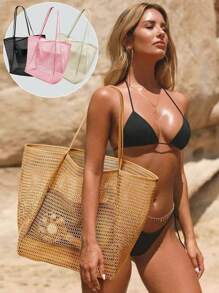 1pc Mesh Tote Bag, Cosmetic Bag, Casual Handbag, Foldable Women's Shoulder Bag For Picnic, Waterproof, Foldable, Essential Bag, Multifunctional Shoulder Shopping Tote, Mesh Hollow Bag, Mesh Bag, Bathroom Storage Bag, Multifunctional Toiletry Bag, Bathroom Bag And Shoulder Tote, Lightweight, Large Capacity, Portable Mesh Beach Bag, Suitable For Family Travel, Vacation, Beach, Camping And Hiking, Summer Holiday Bag