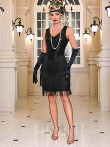 1920s Flapper Dresses For Women, Sleeveless Great Gatsby Dresses Roaring 20s Costumes Outfits For Women, Party Dress, For Cocktail - Black - View 2