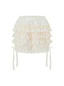 Women's Cute Bloomers Shorts Lace Trim Layered Ruffle Bowknot Elastic Waist Short Pants Summer Casual Shorts