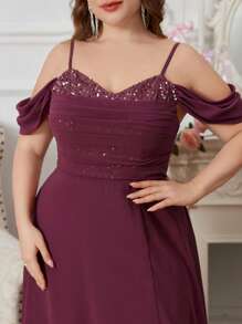 UNITHORSE Plus Size Backless Slit Dress With Sequin, Spaghetti Strap Ruched Front, Fabric, Cami Strap, Women's Dress, Party Dress, Wedding Guest Dress, Formal Dress, Evening Dress,Gown - Red Violet - View 6