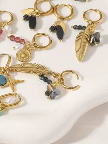 1 对女士不锈钢吊坠耳环，蝴蝶、羽毛、心形、三叶草和珍珠装饰