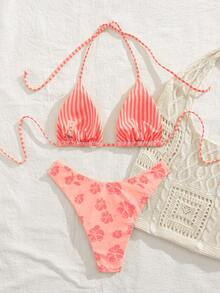 PEPPERMOLLY 新款柔软印花系带沙滩性感比基尼套装，优雅女士夏季沙滩时尚比基尼度假装 - 橘粉紅色 - 查看 3
