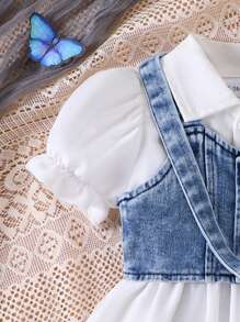 3pcs Baby Girl Set: Denim Cropped Vest Jacket, Solid Polo Collar Bubble Sleeve Ruched Waist Dress And Denim Bow Decor Crossbody Bag