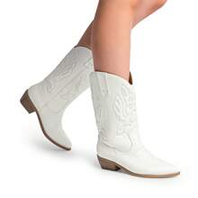 Women's Cowboy Boots Waterproof Mid Calf Boots, Comfy And Fashionable Cowgirl Boots Embroidery Stitched Western Boots For Party And Dress Up - White - View 11