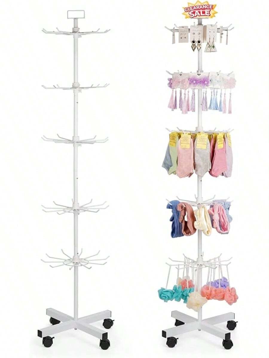 Estantería giratoria de exhibición de 5 niveles con ruedas para tiendas, de metal, para exhibir llaveros, joyas, calcetines, gorros, apta para centros comerciales, salas de exposición y tiendas minoristas - Blanco - Ver 1
