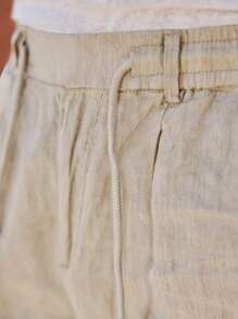 Men's Breathable Linen Pants Solid Color Drawstring Waist Casual Straight Leg Trousers For Summer - Khaki - View 5