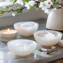 1pc Natural Selenite Charging Bowl For Home Decor, Boho Geometric Selenite Cleansing Bowl, Family Theme Decorative Stone Bowl For Halloween, Easter, Thanksgiving, Valentine'S Day - CRYSTALHOLA