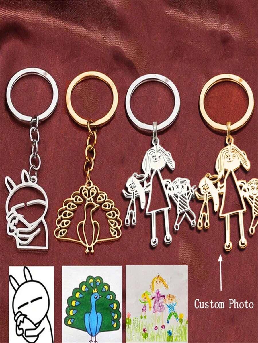 客製化手繪照片鑰匙圈，個性化手寫 Logo 鑰匙圈，金色不鏽鋼時尚客製配件，最佳禮物