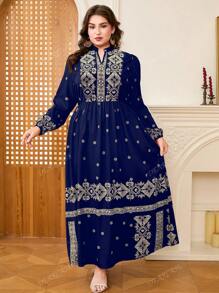 DEARCASE Plus Size Elegant Retro Print Notched Neck Long Dress