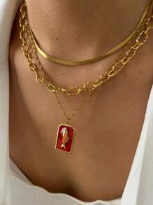 Monlansher 1pc New Stainless Steel Necklace For Women, Fashion Square Plate Embossed Fish Design Handmade Glazed Pendant, Versatile Daily Wear Layered Necklace - Gold - View 11