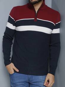 Men's Knitted Sweater High Neck Zipper Autumn Cold Weather Top - 酒紅色 - 查看 5
