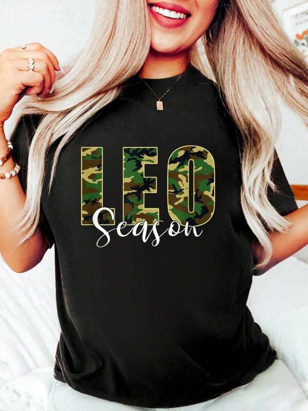 Funny Black 100% Cotton T Shirts For Women Leo Season Zodiac Birthday Camo T-Shirt Graphic Tee For Women, O-Neck Short Sleeve Casual Tops