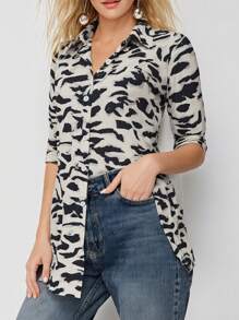 Women's All-Over Print Long Sleeve Button-Down Loose Casual Commute Shirt - Apricot - View 3