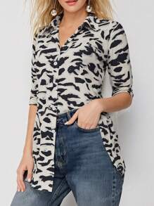 Women's All-Over Print Long Sleeve Button-Down Loose Casual Commute Shirt