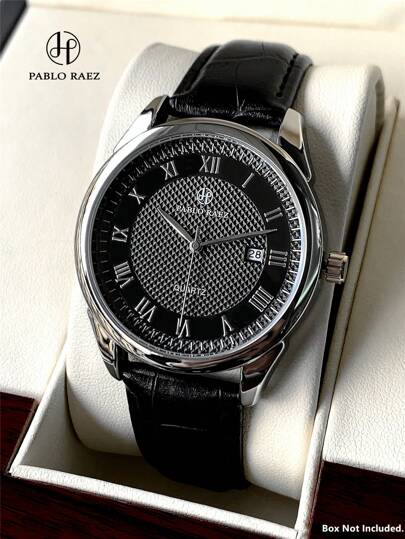Pablo Raez 1pc Men's Business Wristwatch, Stainless Steel Silver-Tone Case, Luxury Black Soft Comfortable Microfiber Leather Strap, Fashionable 40mm Dial, Roman Numeral Scale, Date Display, 50M Water Resistant, Top Quality New Men's Quartz Watch, Suitable For Casual/Work/Party, Also An Ideal Birthday Gift