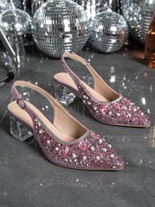 Women's Pointed Toe Crystal Heel Mary Jane Hollow Out Series Plus Size Pink High Heel Pumps, Suitable For Going Out, Party, Wedding And Other Occasions