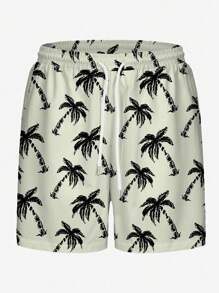 Men's Summer Beach Shorts With Hawaiian, Coconut Tree & Artistic 3D Digital Prints, Casual Daily Holiday Boardshorts, Single Layer Without Lining, Drawstring Waist - Multicolor - View 2